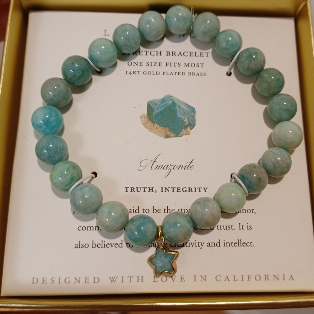 LUNA NORTE 14K GOLD PLATED STAR CHARM W/ AMAZONITE STRETCH BRACELET ONE SIZE - Picture 6 of 7
